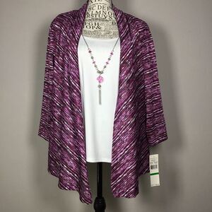 NWT Alfred Dunner Pink and White Cardigan Sweater inner white vest & necklace PL